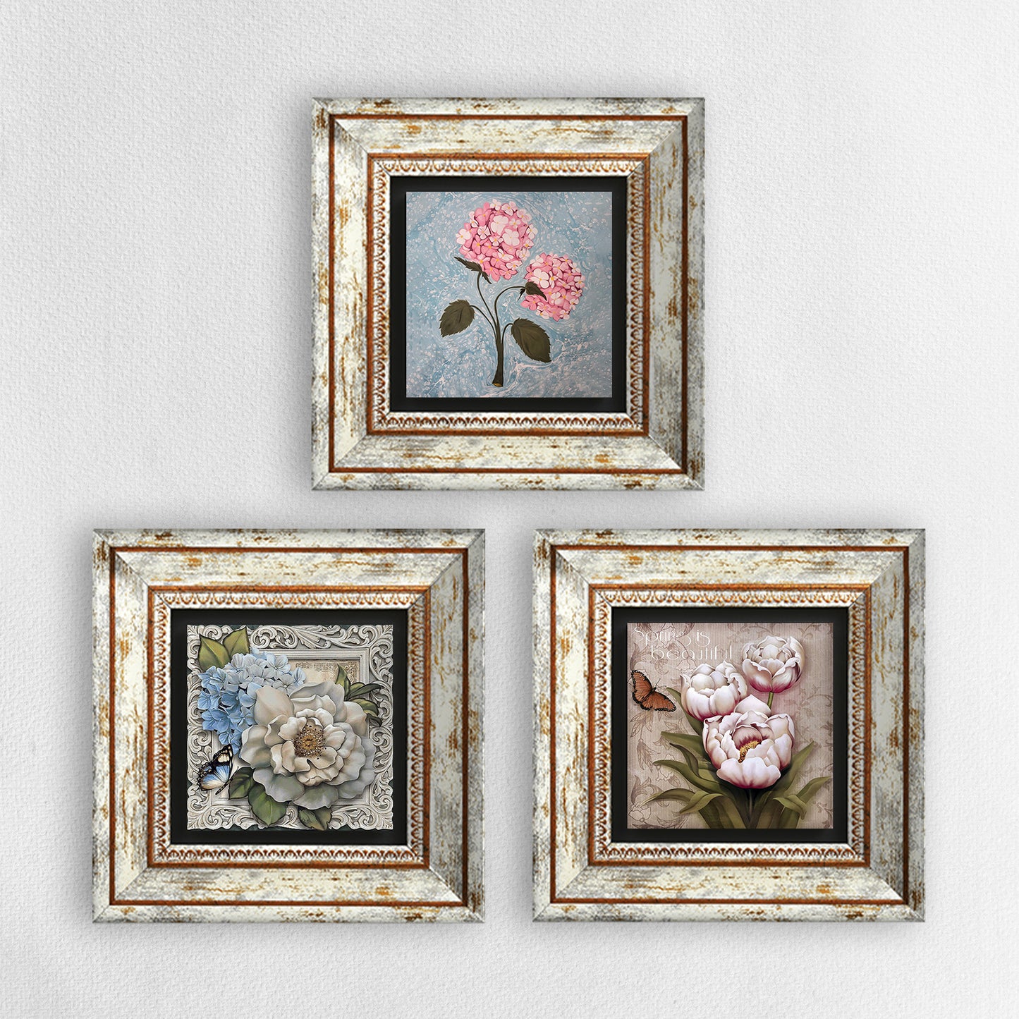 Pink Flowers Trio Natural Stone Wall Art | Artistry Home