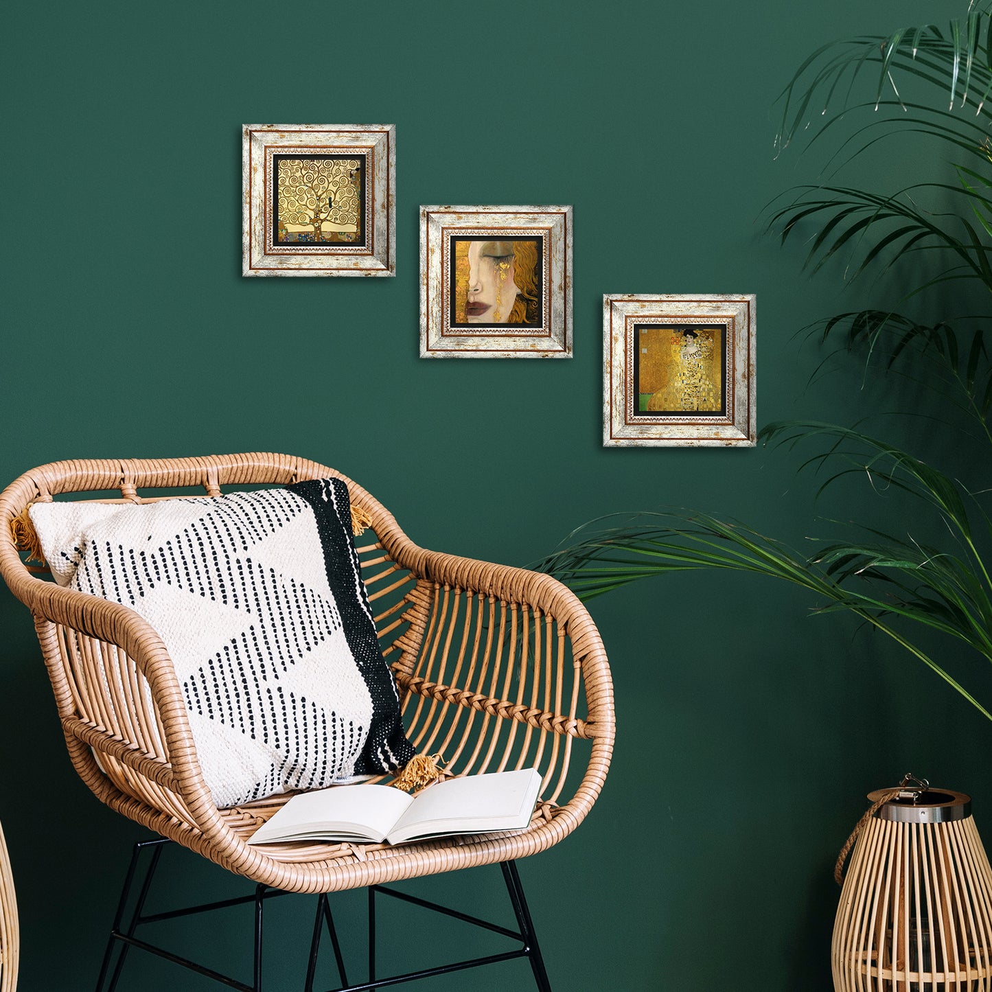 Gustav Klimt Masterpiece Trio Vintage Stone Wall Art - Green Background | Artistry Home
