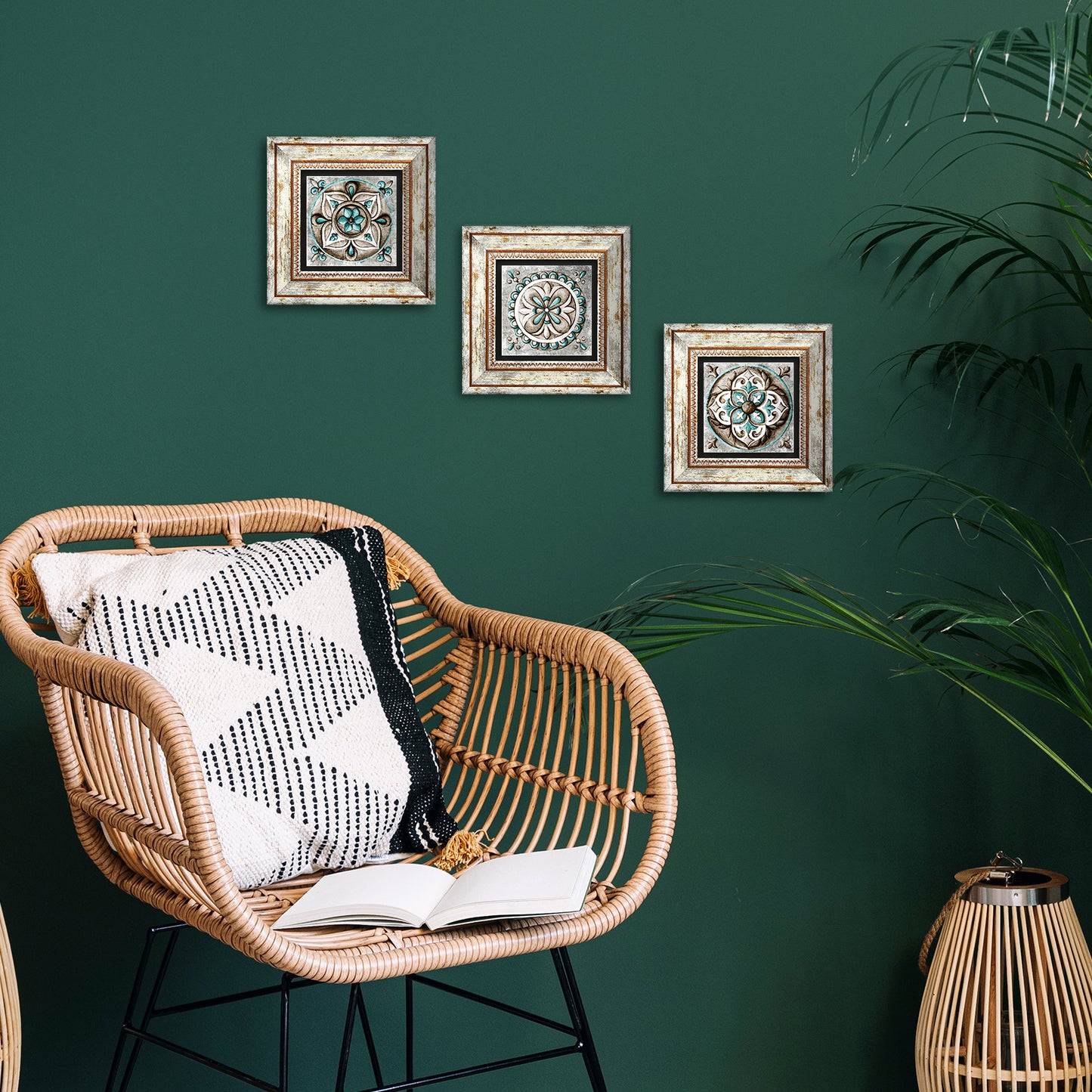 Mosaic Leaves Trio Natural Stone Wall Art - Green Background | Artistry Home