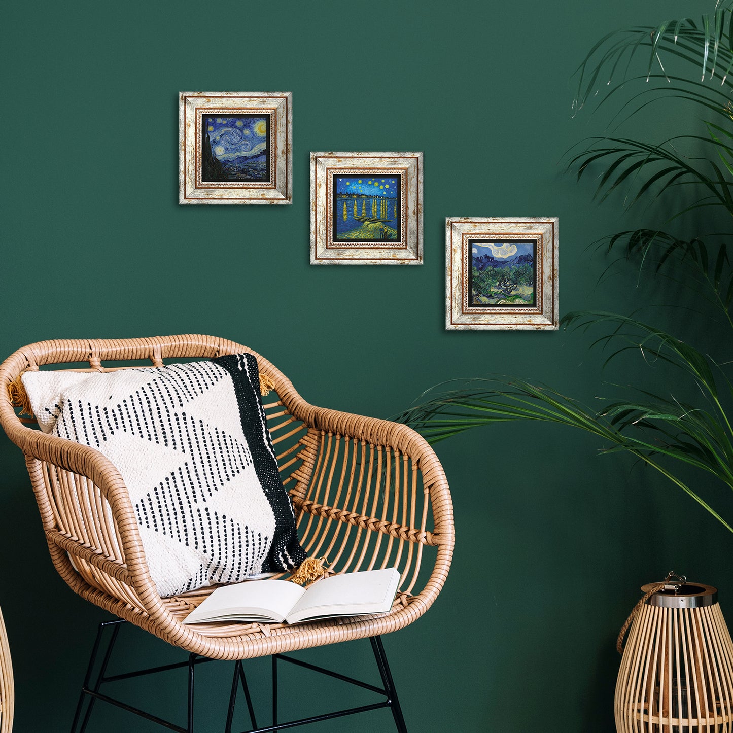 Van Gogh Trio Vintage Stone Wall Art - Green Background | Artistry Home