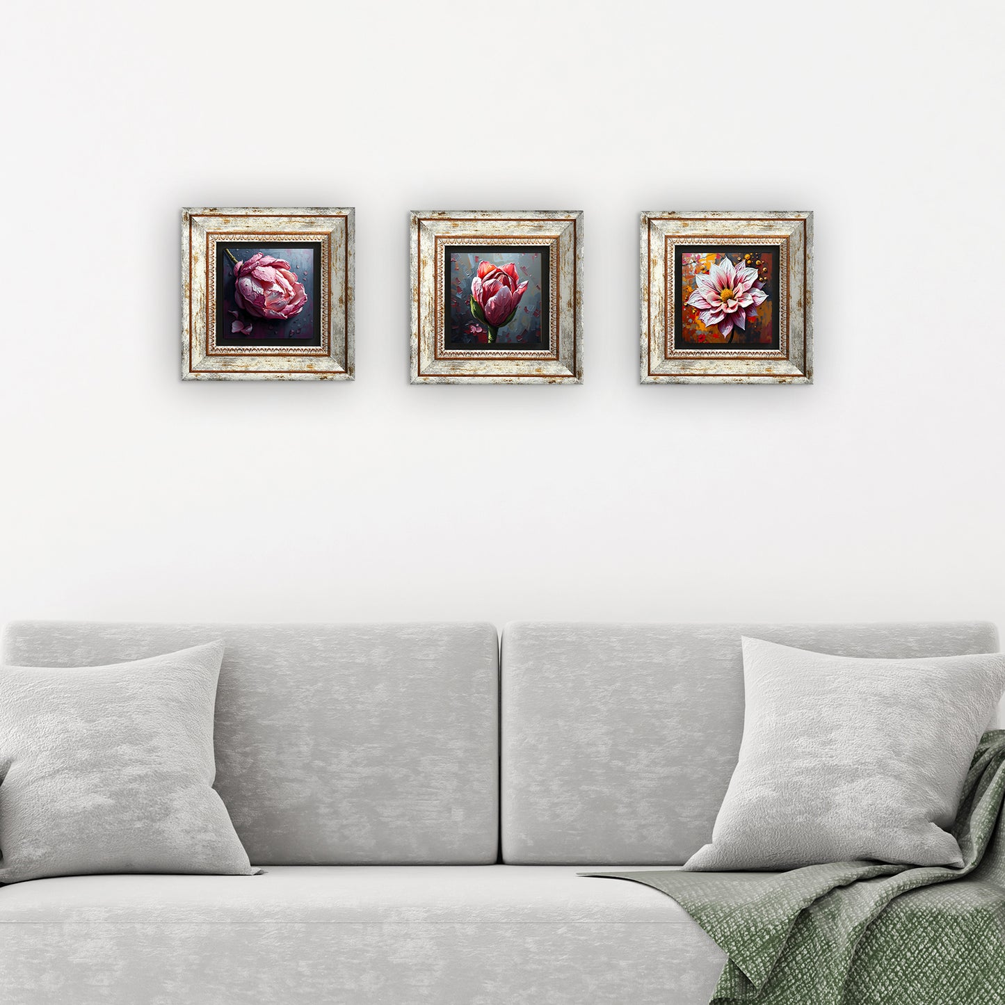 Floral Symphony Trio Vintage Stone Wall Art - 3 Frames with Sofa | Artistry Home