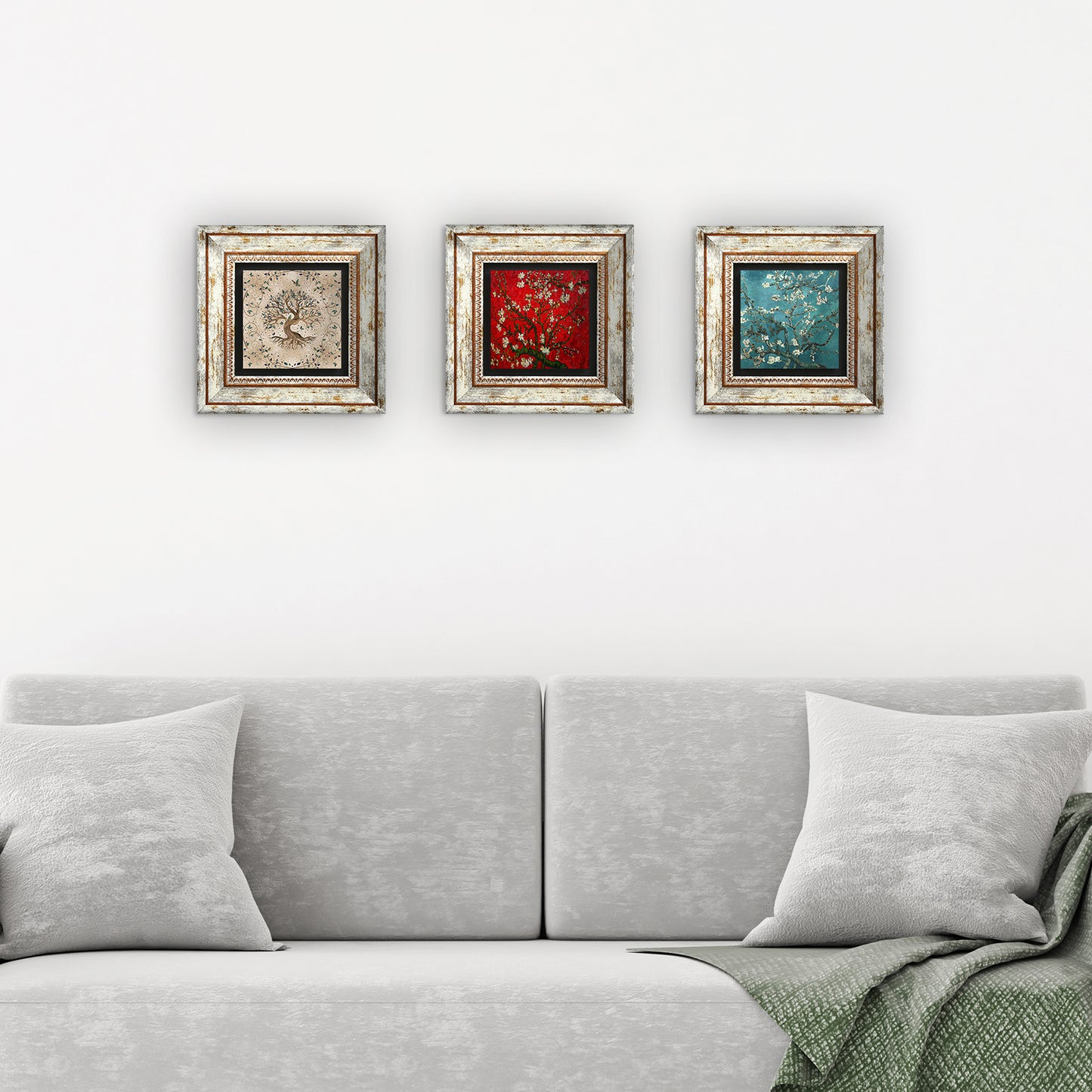 Tree Of Life Almond Tree Trio Stone Wall Art - 3 Frames with Sofa | Artistry Home