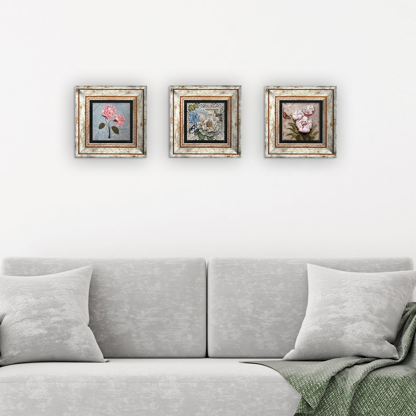 Pink Flowers Trio Natural Stone Wall Art - 3 Frames with Sofa | Artistry Home