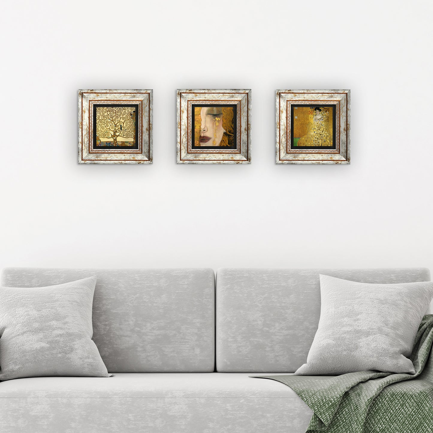 Gustav Klimt Masterpiece Trio Vintage Stone Wall Art - 3 Frames with Sofa | Artistry Home