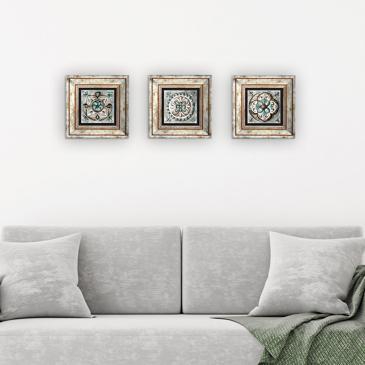 Mosaic Leaves Trio Natural Stone Wall Art - 3 Frames with Sofa | Artistry Home