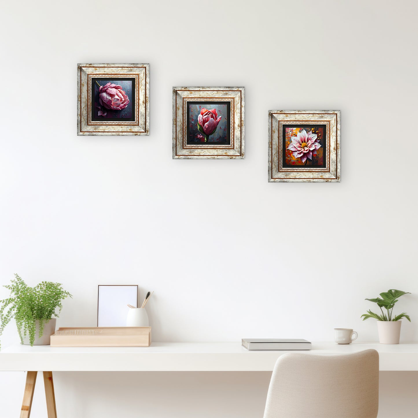 Floral Symphony Trio Vintage Stone Wall Art - Frames with Table | Artistry Home