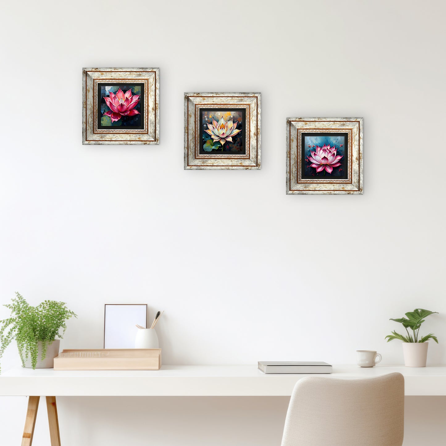 Lotus Flower Trio Vintage Stone Wall Art - Frames with Table | Artistry Home