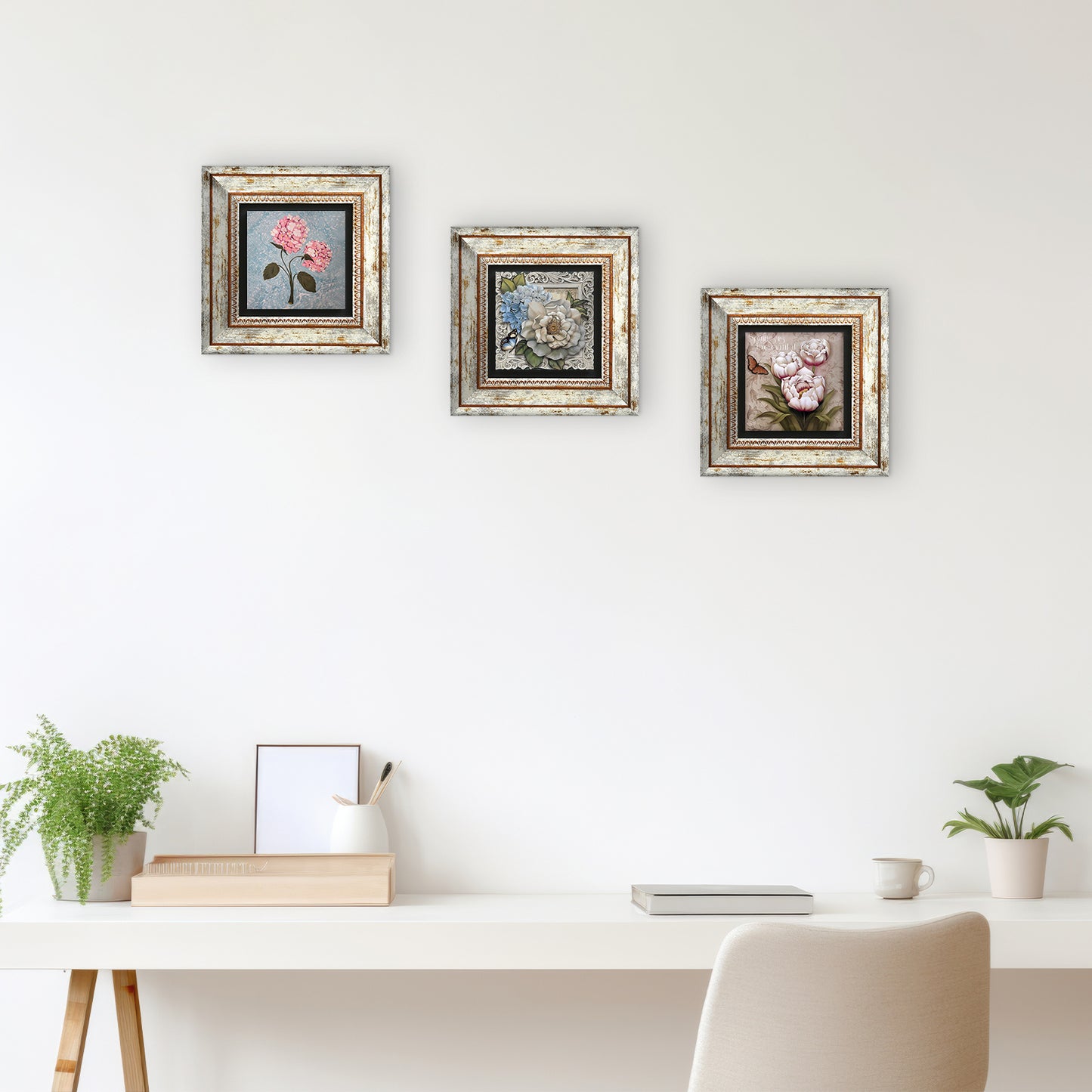 Pink Flowers Trio Natural Stone Wall Art - Frames with Table | Artistry Home