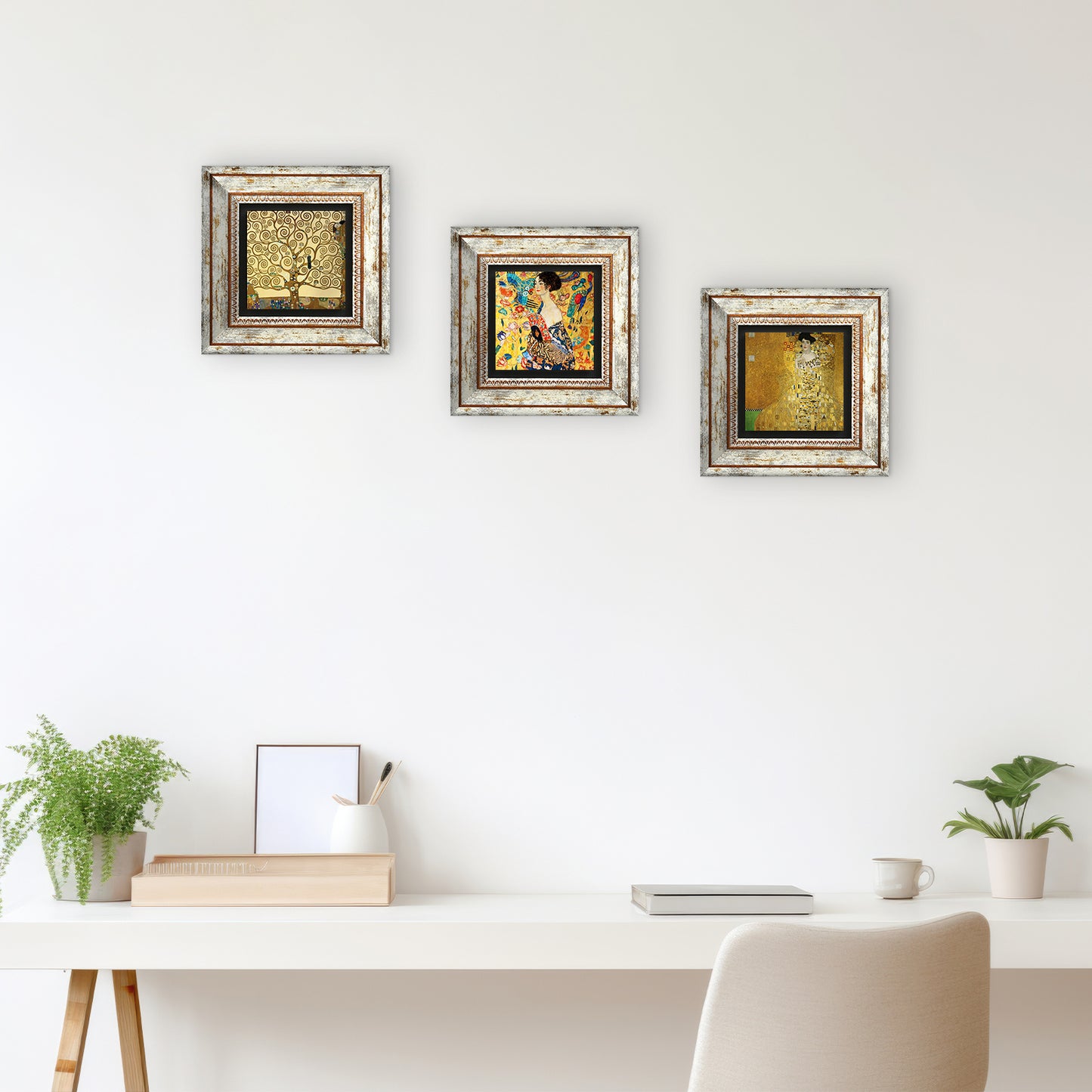 Gustav Klimt Trio Vintage Stone Wall Art - Frames with Table | Artistry Home