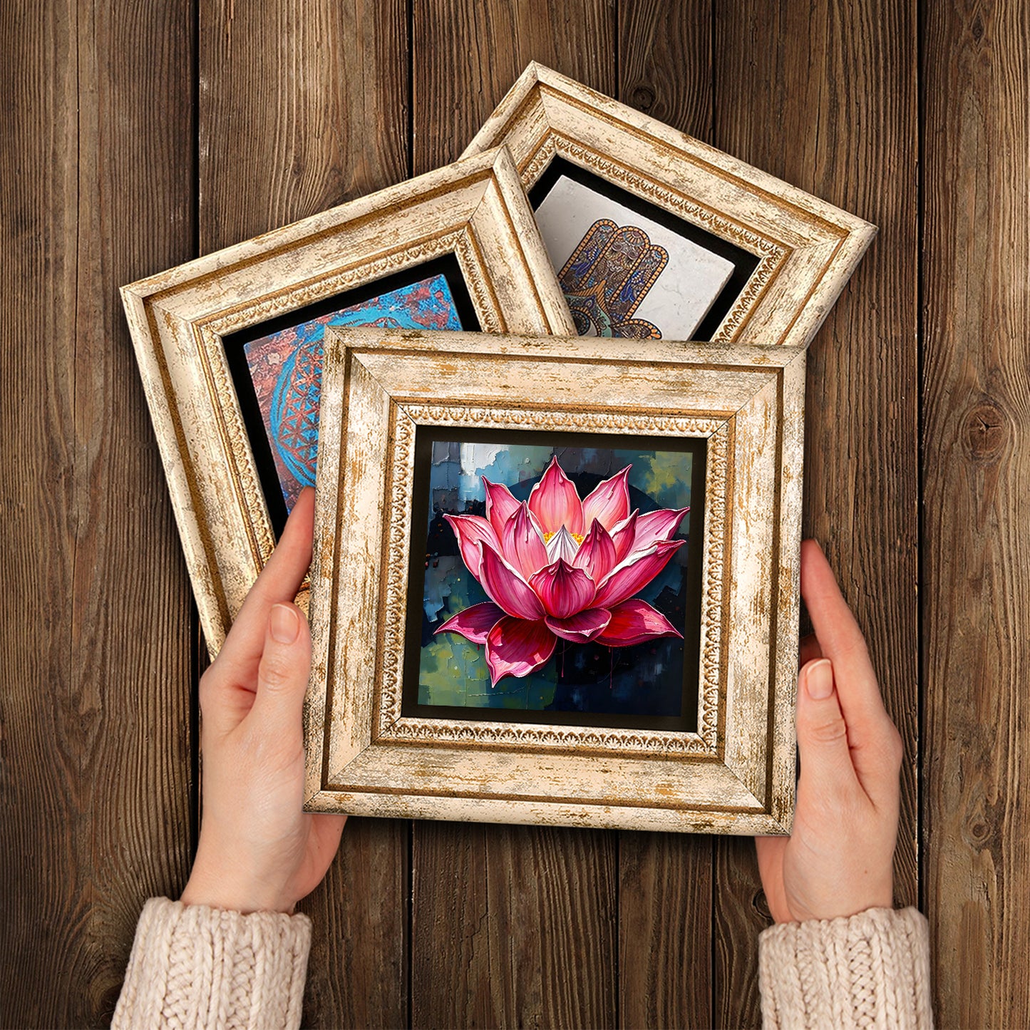 Lotus Flower Trio Vintage Stone Wall Art - Handheld Frames | Artistry Home