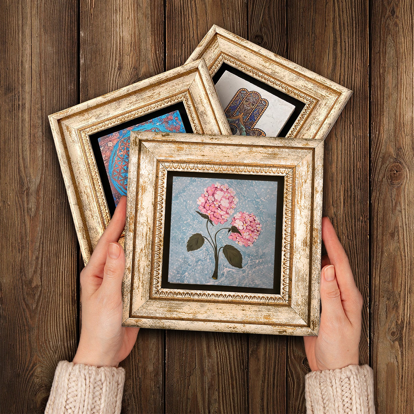 Pink Flowers Trio Natural Stone Wall Art - Handheld Frames | Artistry Home