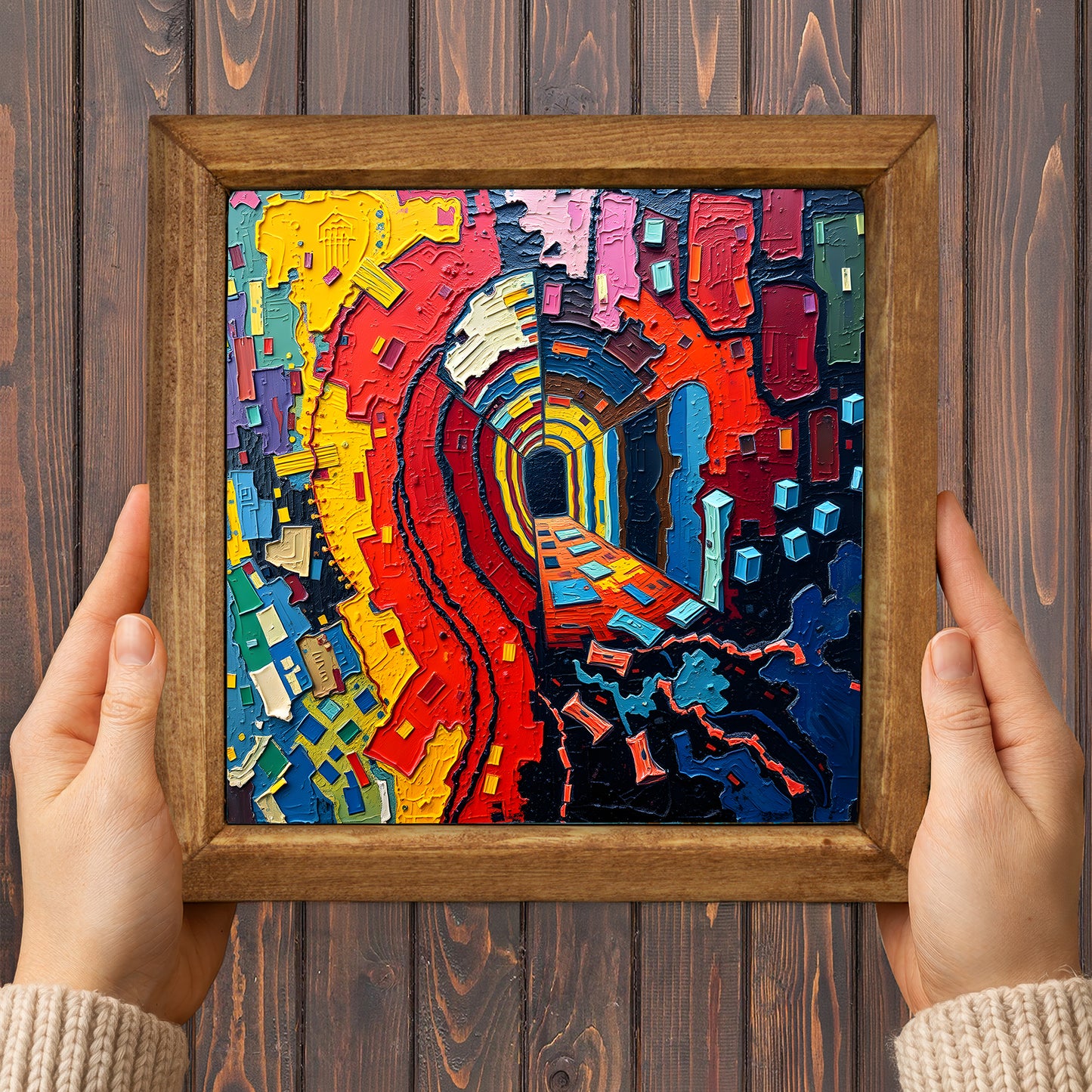 Colour Burst Abstract Trio Natural Stone Wall Art – Wood Frame Set