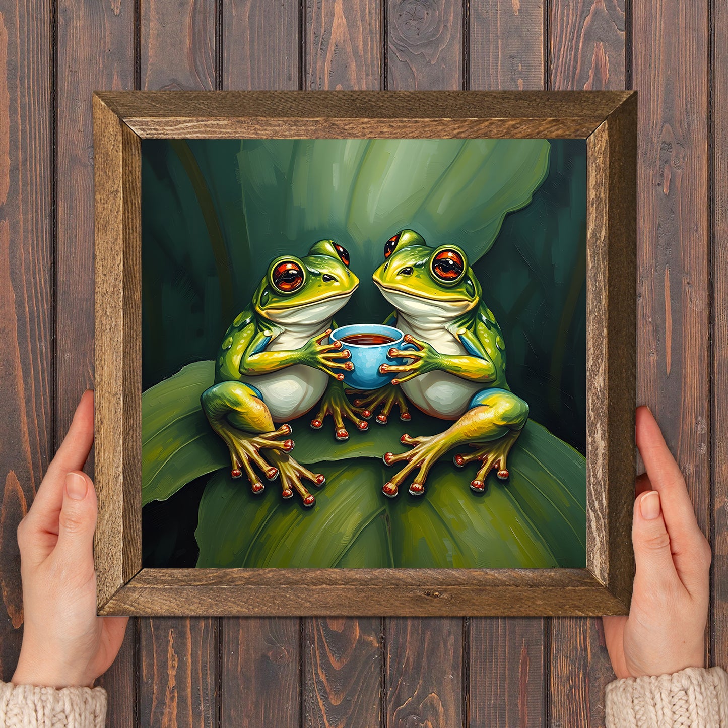 Frogs Having Tea Natural Stone Wall Art - Frame in Hand | Artistry Home