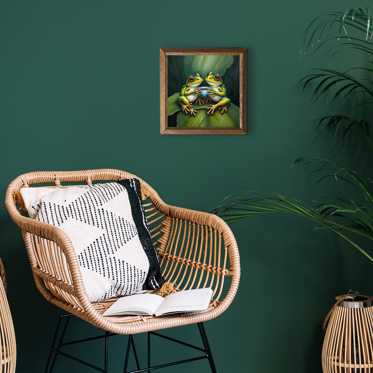 Frogs Having Tea Natural Stone Wall Art - Green Background | Artistry Home
