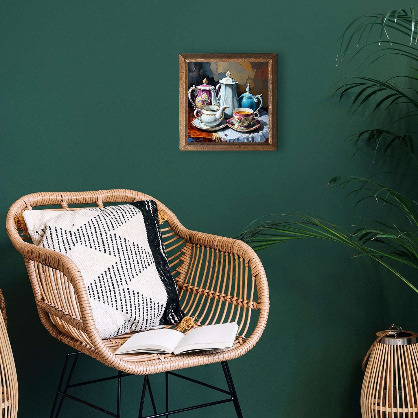 Tea Time Natural Stone Wall Art - Green Background | Artistry Home