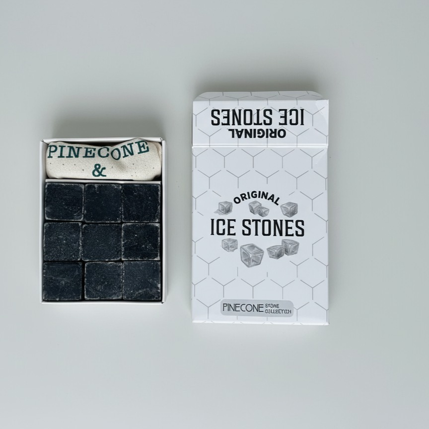 Pack of ice stones with packaging on a gray background