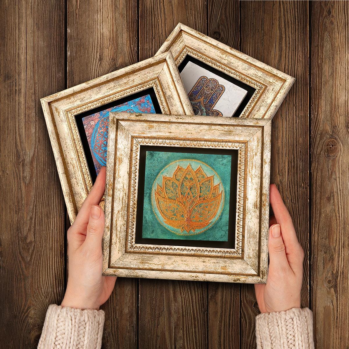 Lotus Flower Of Life Trio Stone Wall Art - Recycled Frame | Artistry Home
