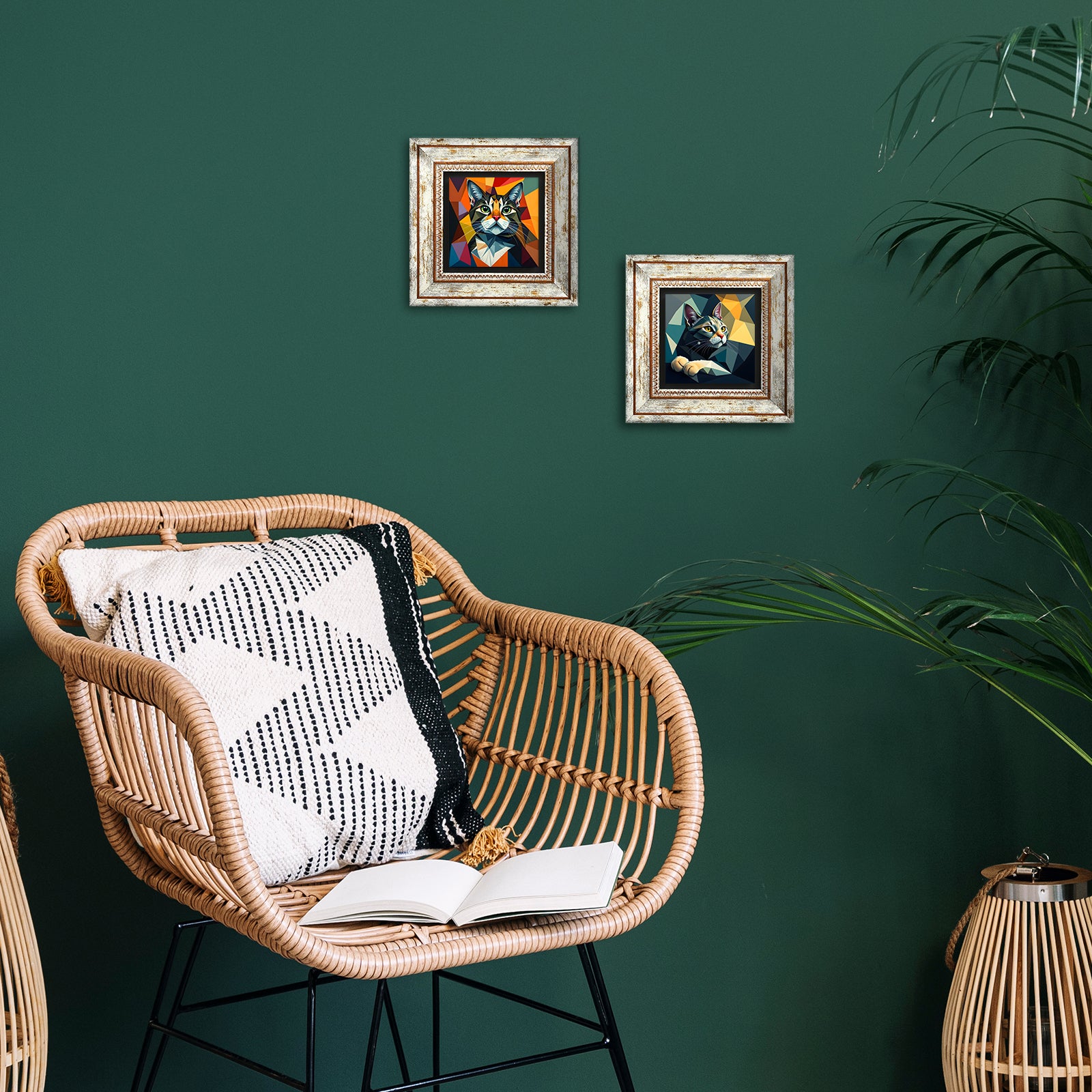 Cats Duo Vintage Natural Stone Wall Art - Green Background | Artistry Home