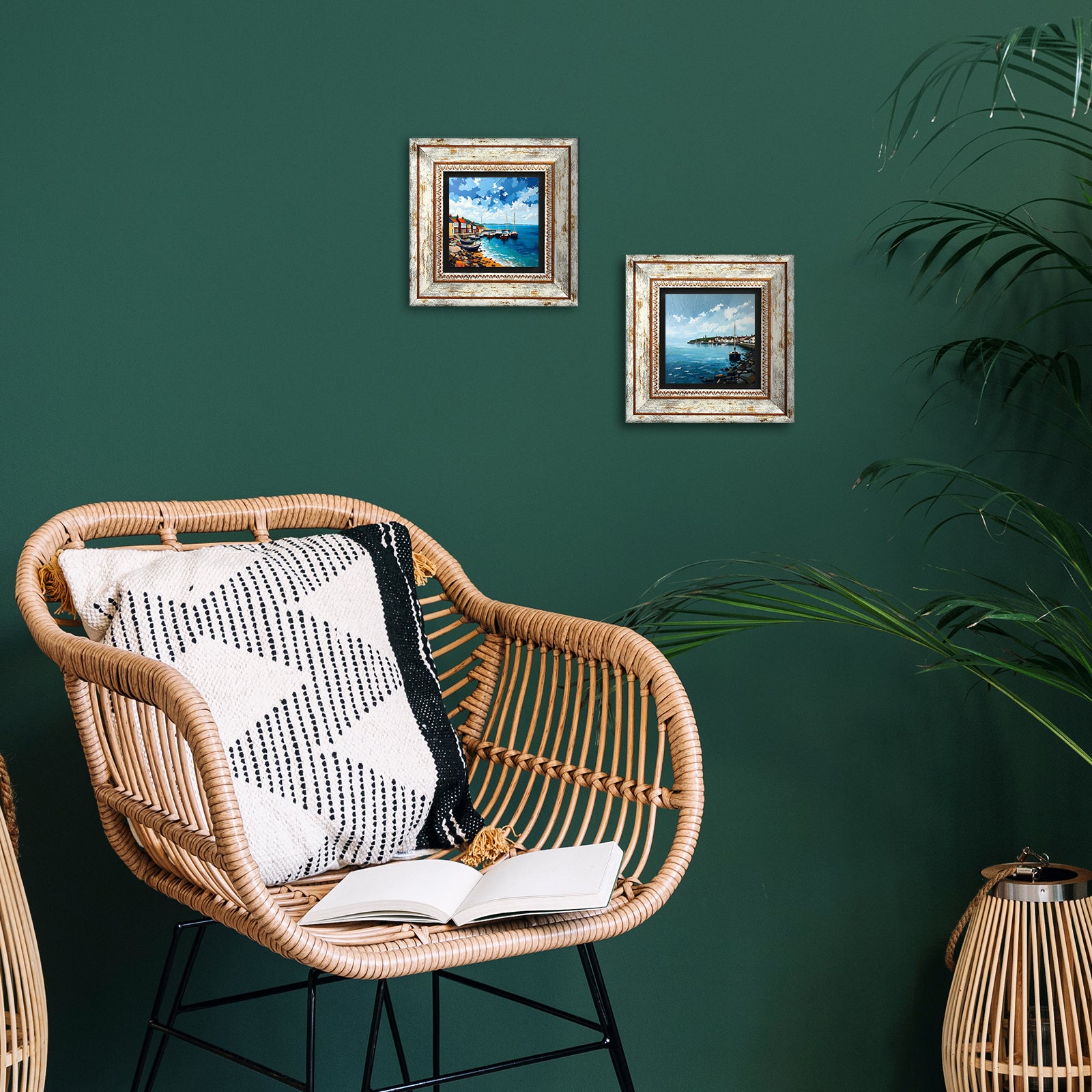 Coastal Towns Duo Natural Stone Wall Art - Green Background | Artistry Home