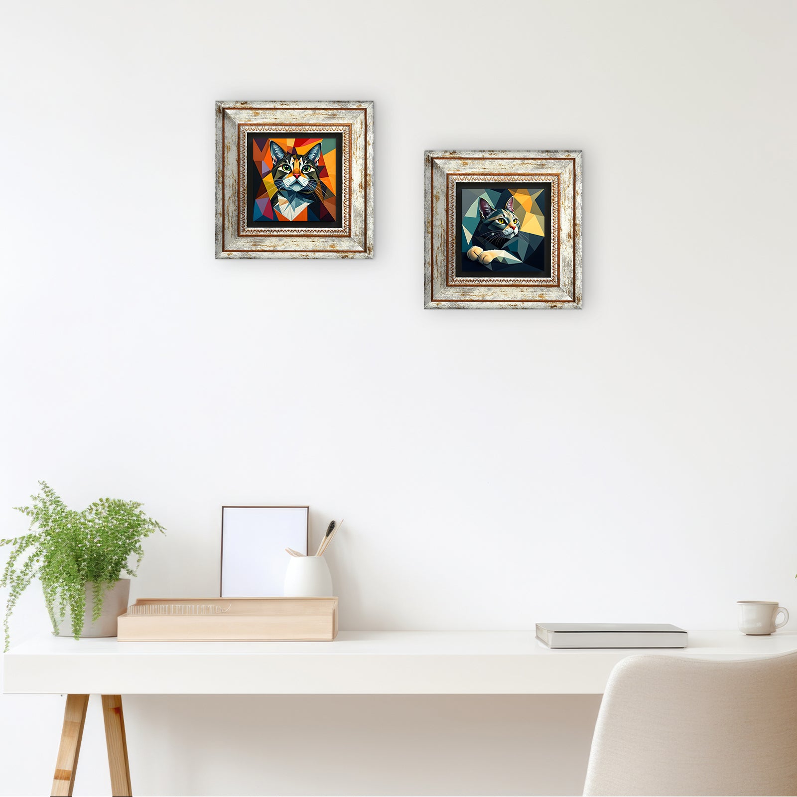 Cats Duo Vintage Natural Stone Wall Art - Frames with Table | Artistry Home