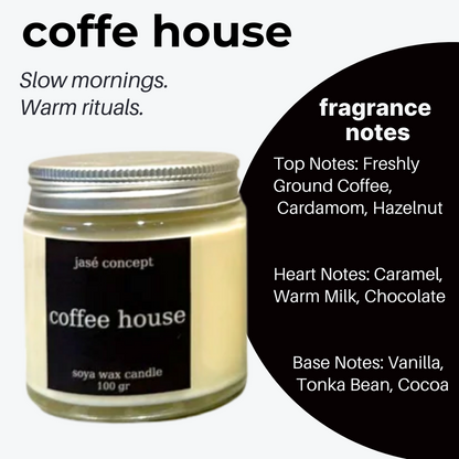 Candle jar labeled 'coffee house' with fragrance notes on a white background