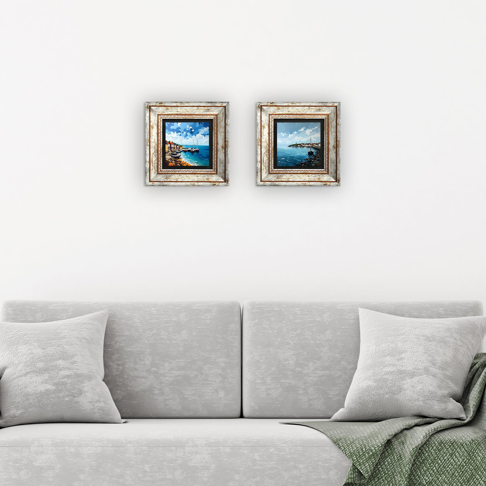 Coastal Towns Duo Natural Stone Wall Art - 3 Frames with Sofa | Artistry Home