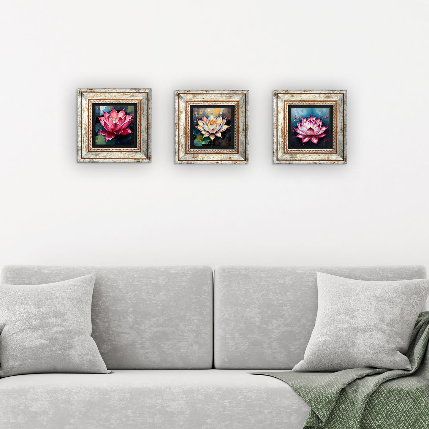 Lotus Flower Trio Vintage Stone Wall Art - 3 Frames with Sofa | Artistry Home