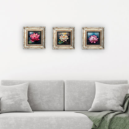 Lotus Flower Trio Vintage Stone Wall Art - 3 Frames with Sofa | Artistry Home