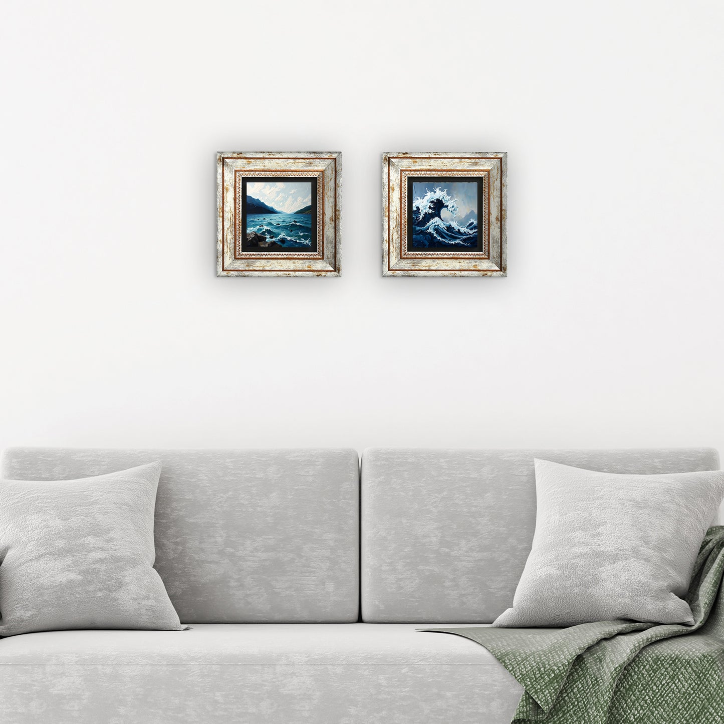 Waves Duo Vintage Natural Stone Wall Art - 3 Frames with Sofa | Artistry Home