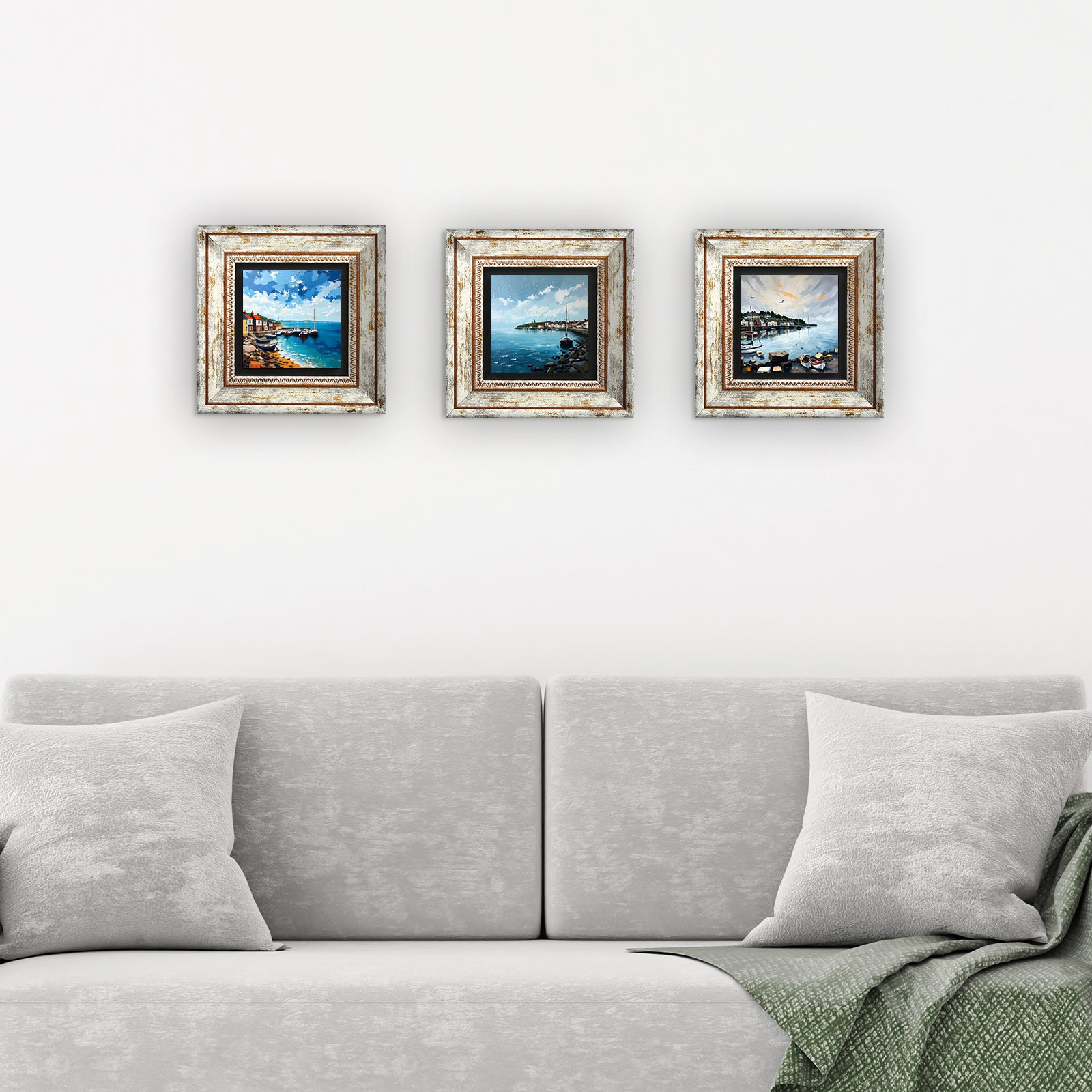 Coastal Towns Trio Vintage Stone Wall Art - 3 Frames with Sofa | Artistry Home