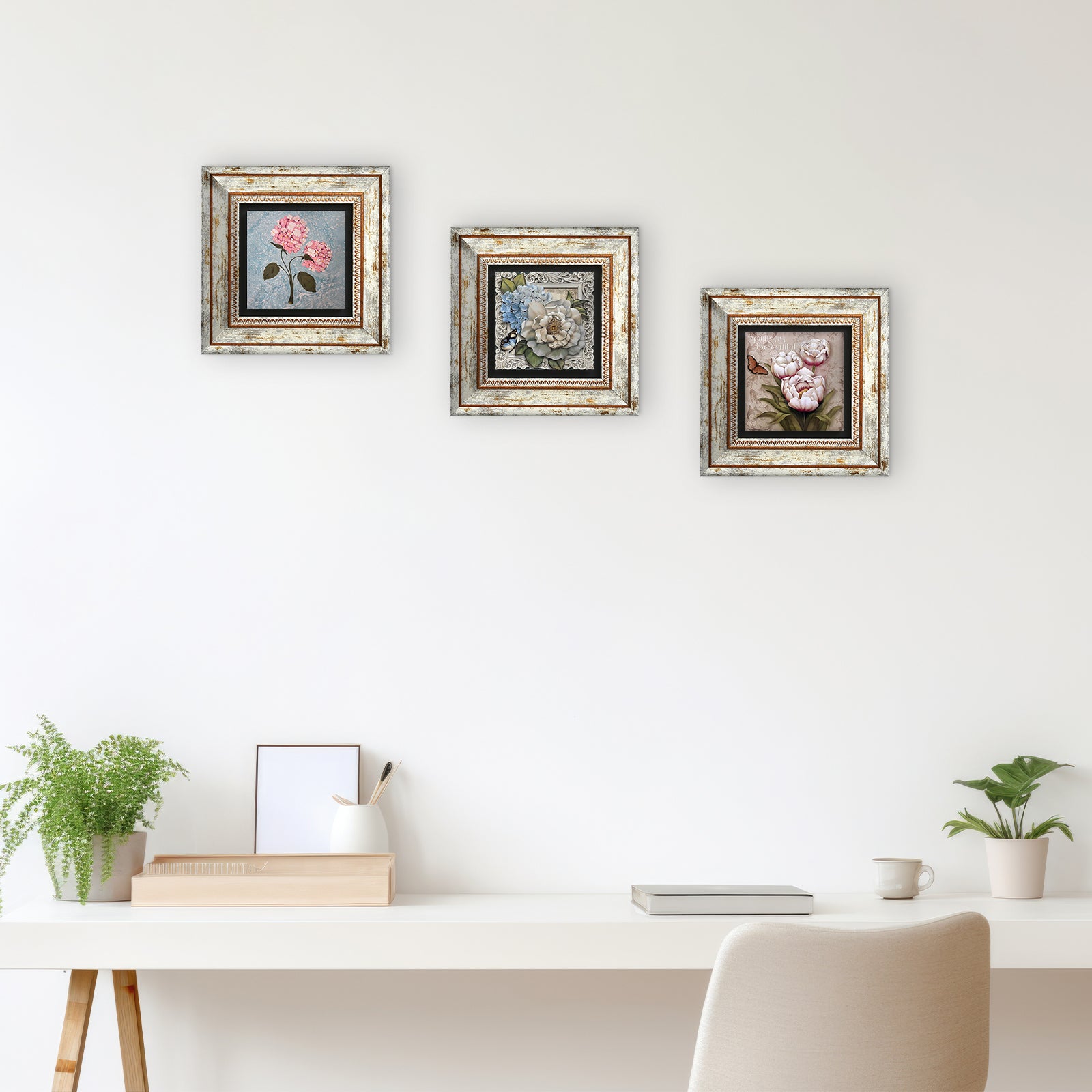 Pink Flowers Trio Natural Stone Wall Art - Frames with Table | Artistry Home