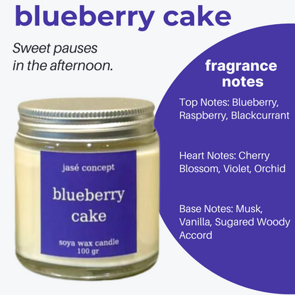 Candle labeled 'blueberry cake' with fragrance notes on a white background