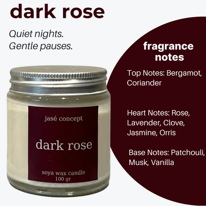 Candle labeled 'dark rose' with fragrance notes on a white background
