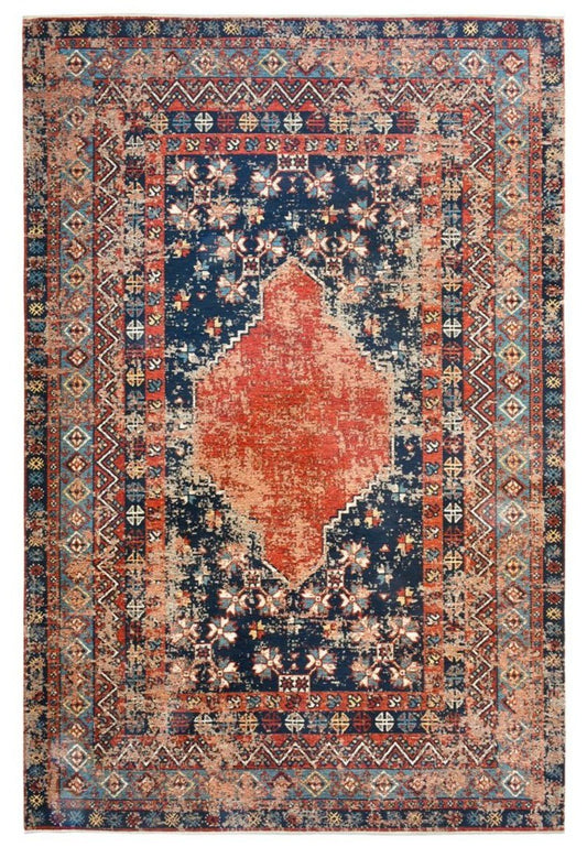 Anatolian Distressed Navy Medallion Washable Non-Slip Area Rug