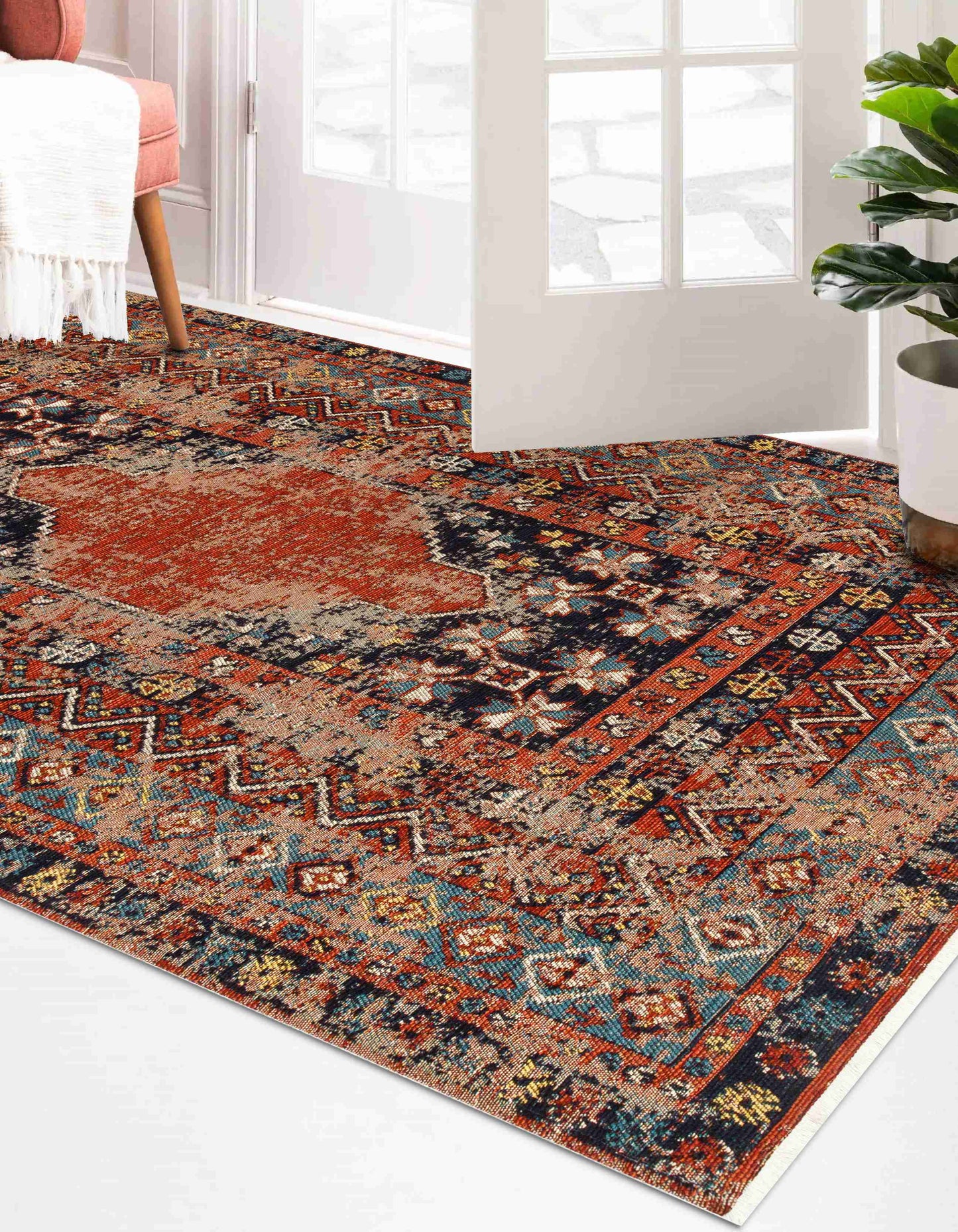 Anatolian Distressed Navy Medallion Washable Non-Slip Area Rug