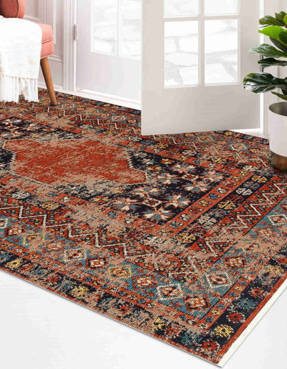 Anatolian Distressed Navy Medallion Washable Non-Slip Area Rug