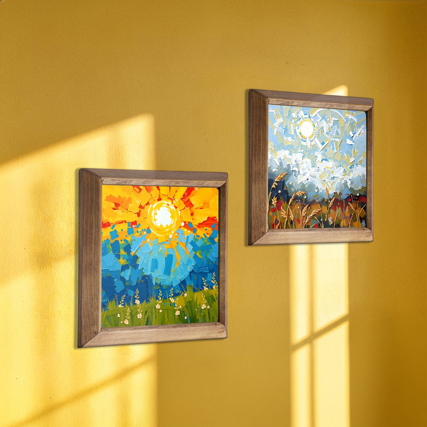 Two framed artworks on a yellow wall with sunlight casting shadows.