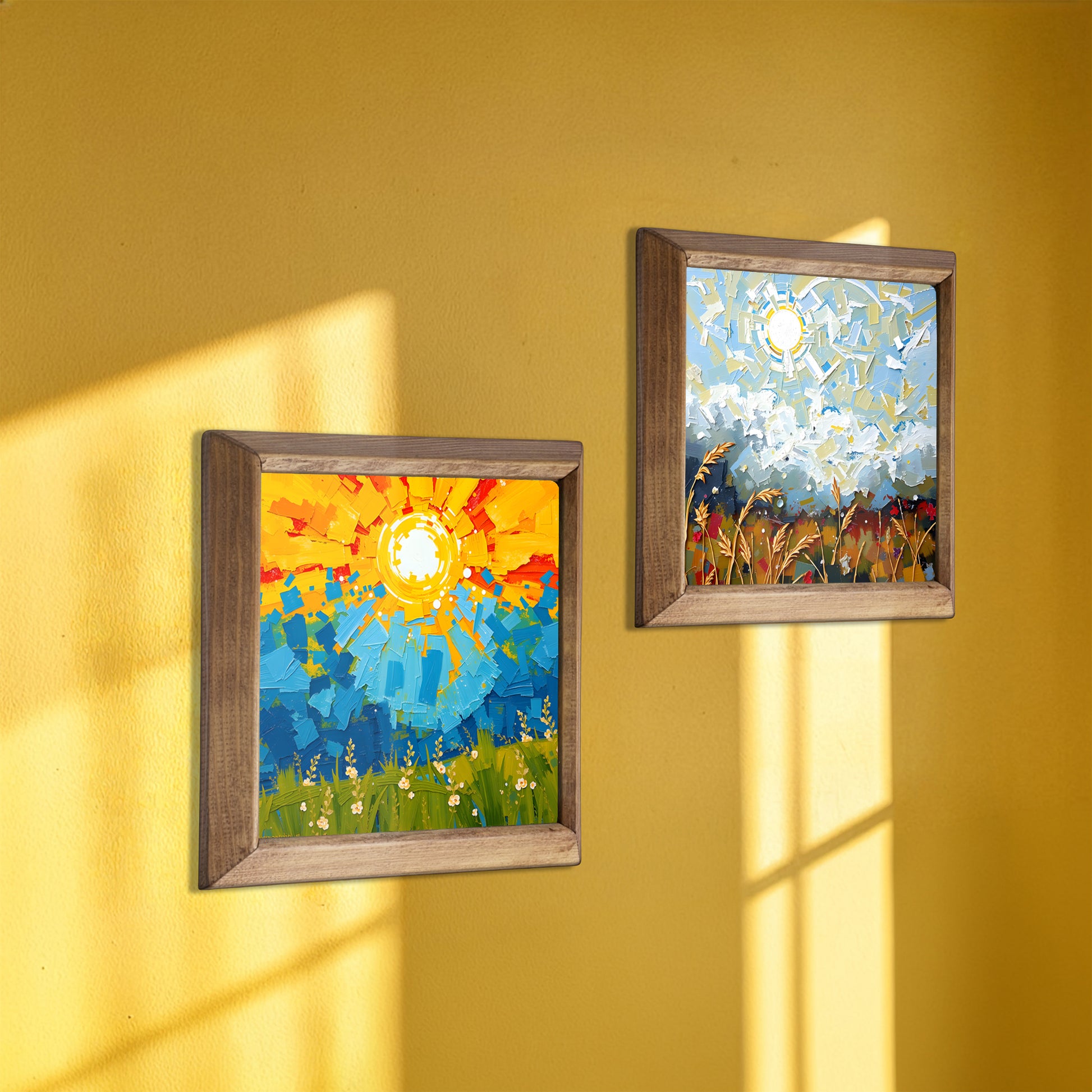 Two framed artworks on a yellow wall with sunlight casting shadows.