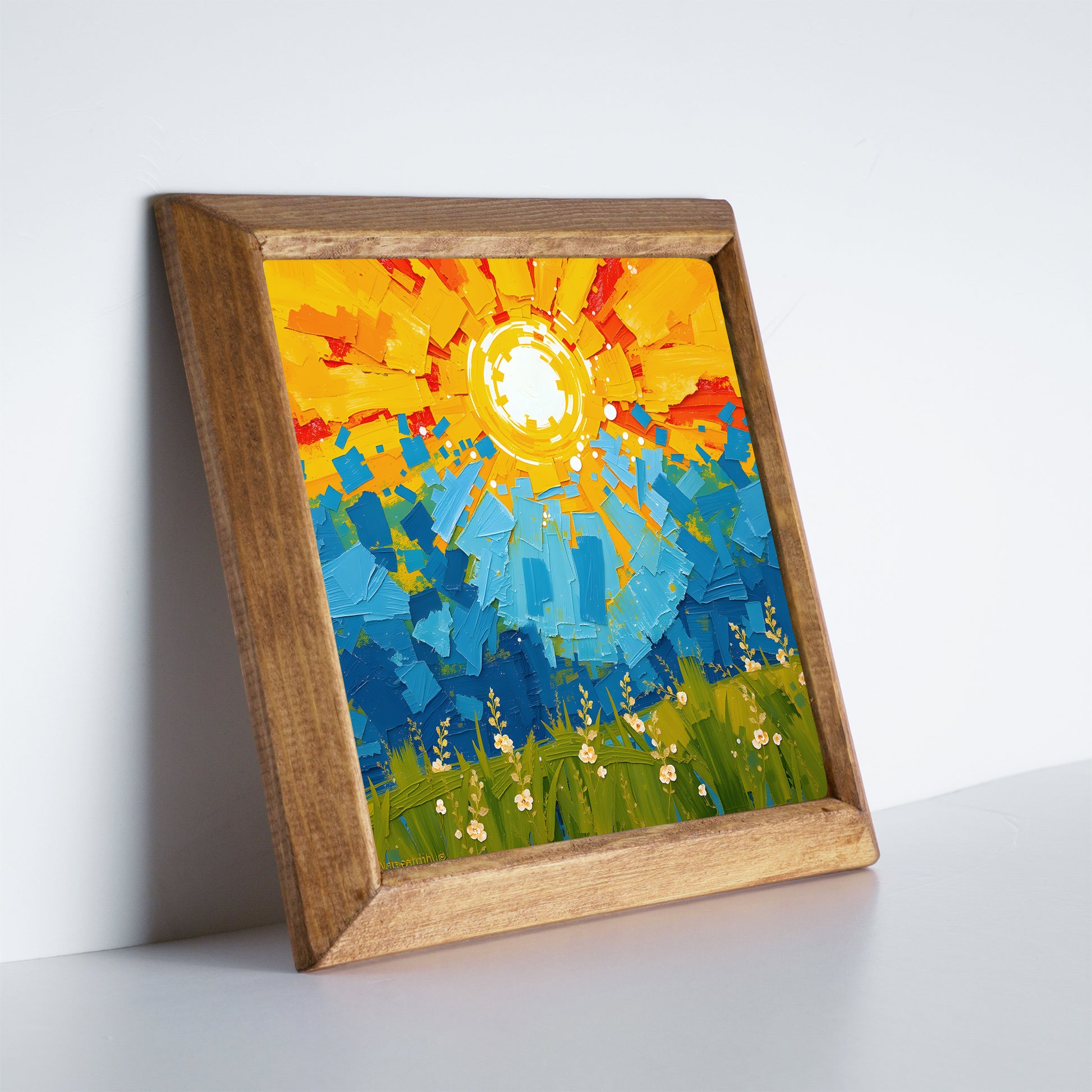 Framed abstract artwork with a colorful sun and landscape on a white surface.