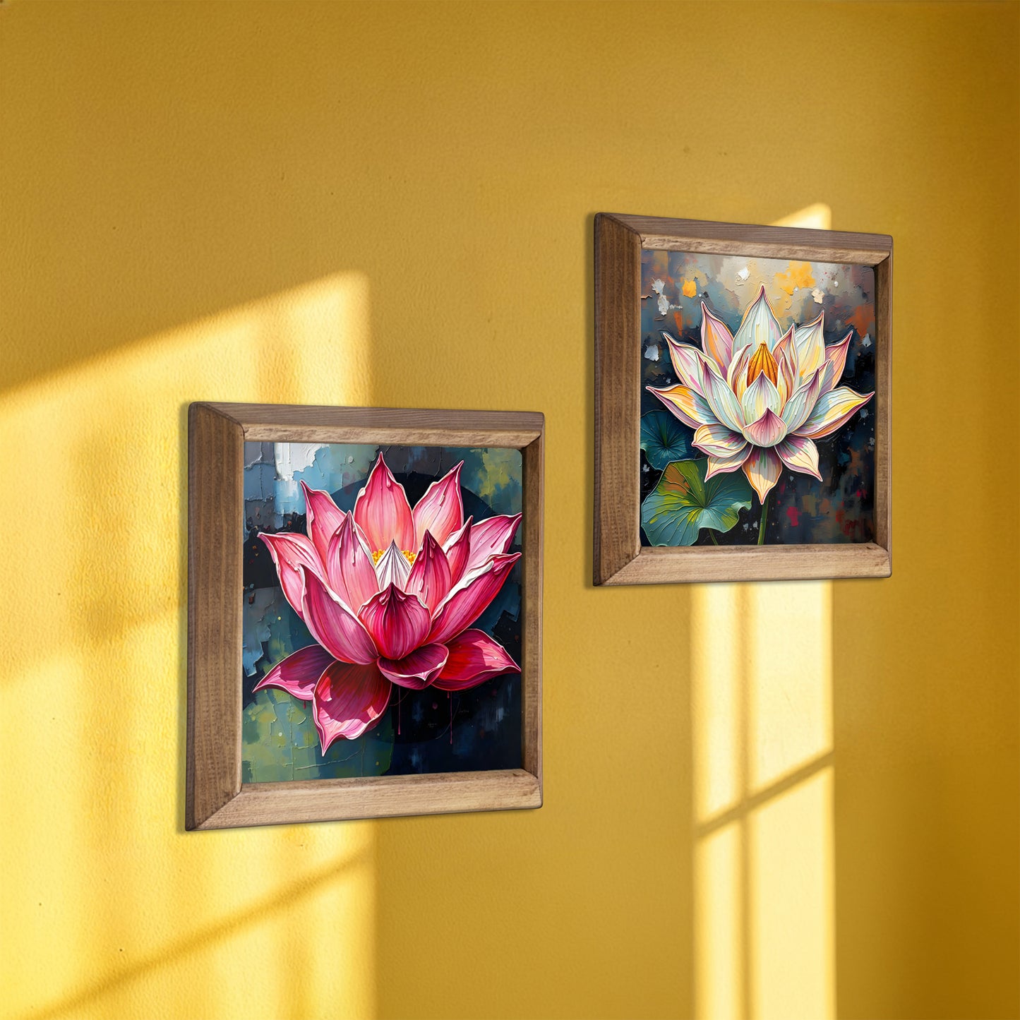 Two framed paintings of lotus flowers on a yellow wall.