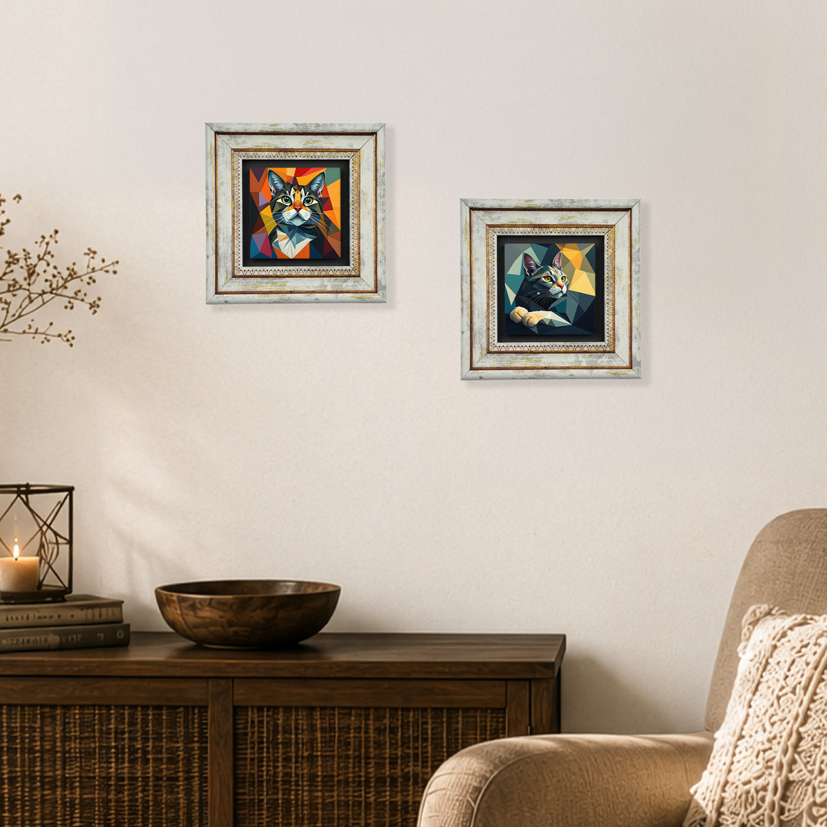 Geometry Cats Duo Vintage Stone Wall Art Set