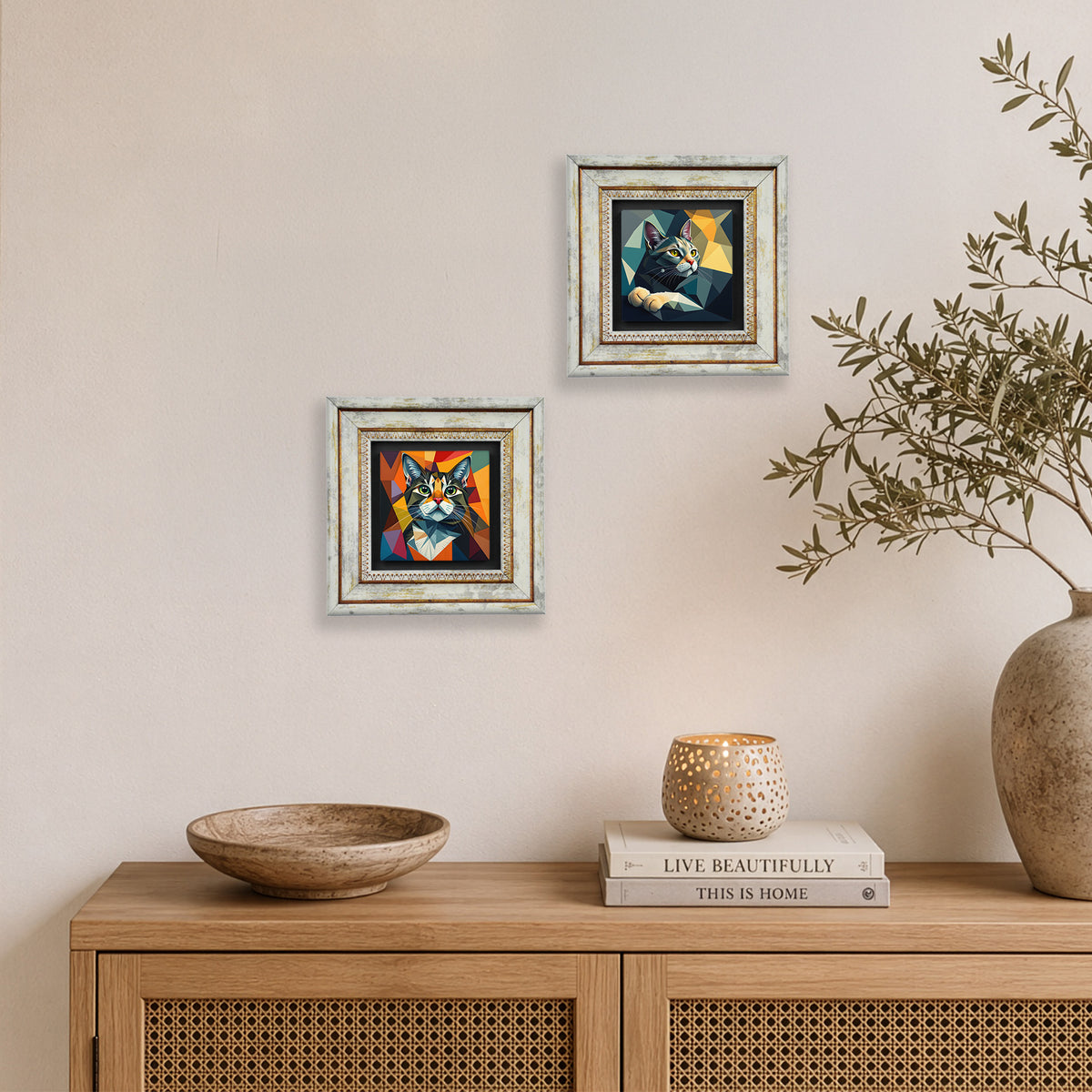 Geometry Cats Duo Vintage Stone Wall Art Set