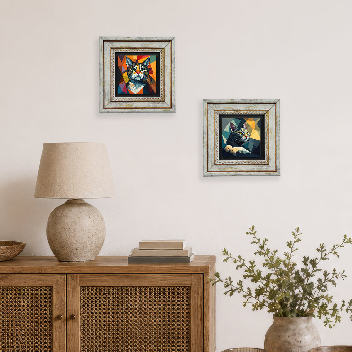 Geometry Cats Duo Vintage Stone Wall Art Set