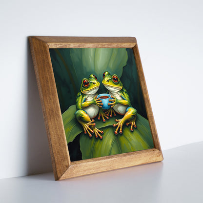 Frogs Having Tea Natural Stone Wall Art