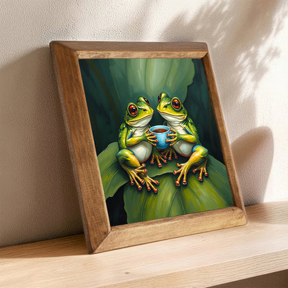 Frogs Having Tea Natural Stone Wall Art