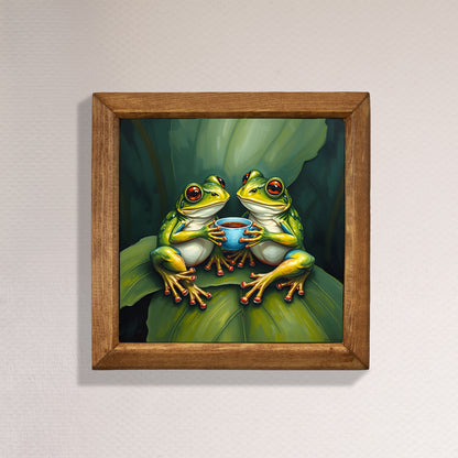 Frogs Having Tea Natural Stone Wall Art
