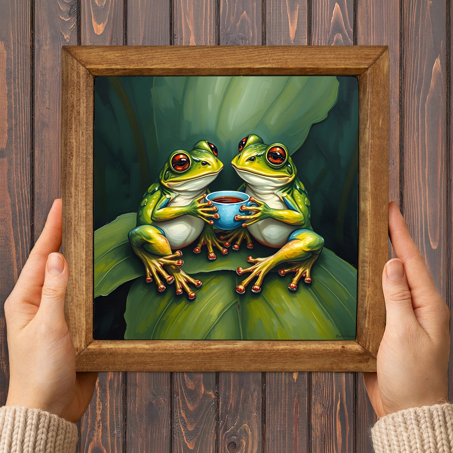 Frogs Having Tea Natural Stone Wall Art