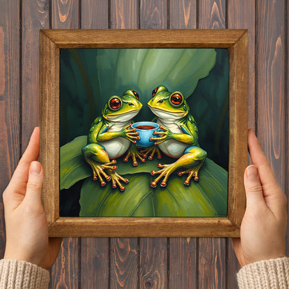 Frogs Having Tea Natural Stone Wall Art