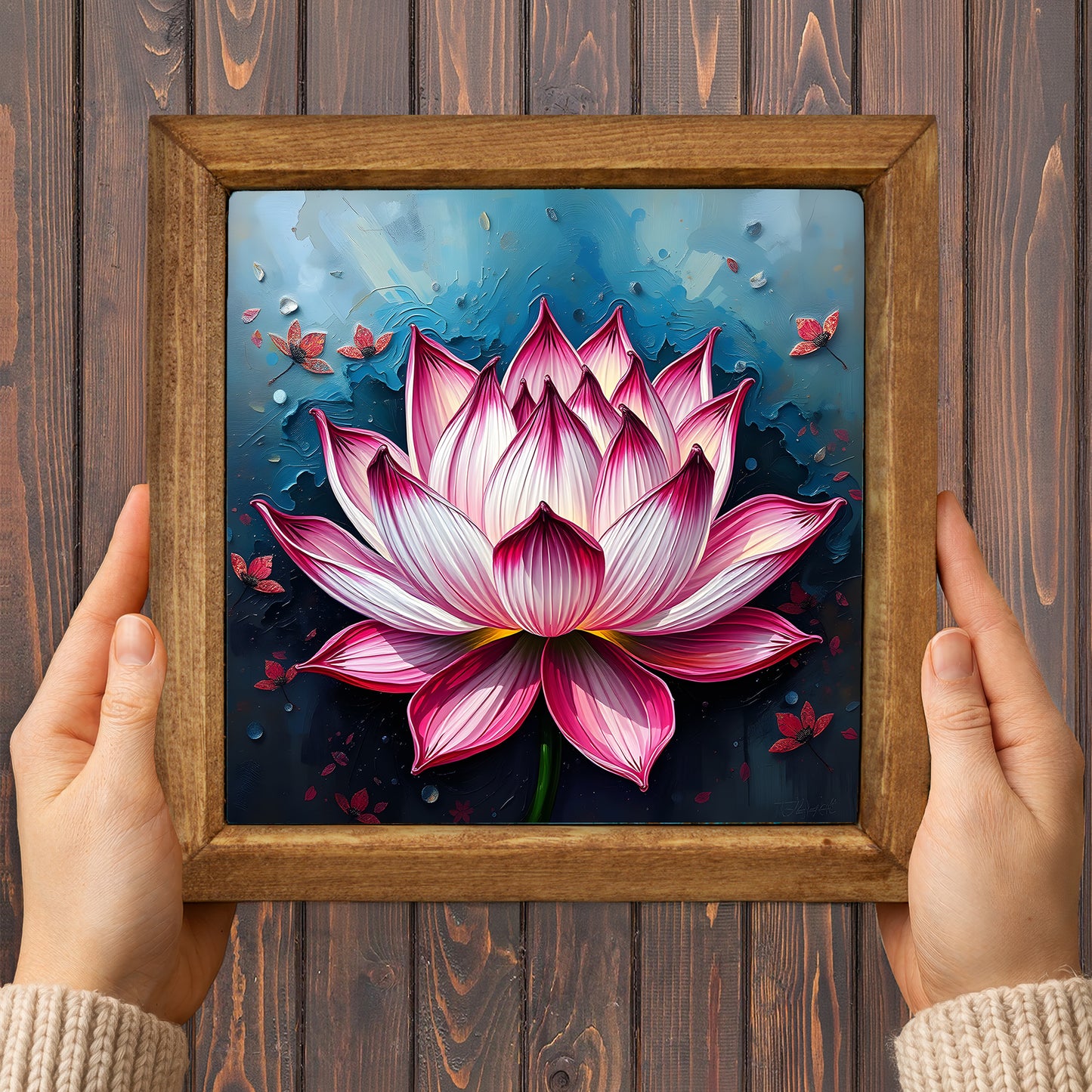 Lotus Bloom Natural Stone Wall Art – Wood Frame