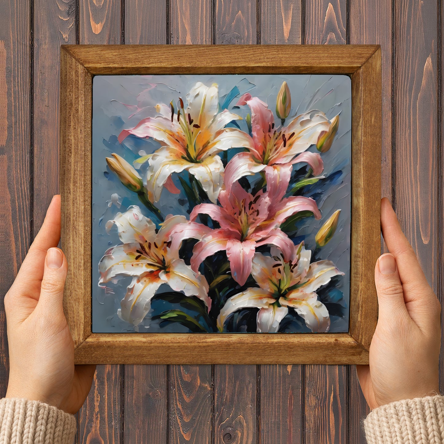 Pastel Lily Bouquet Natural Stone Wall Art